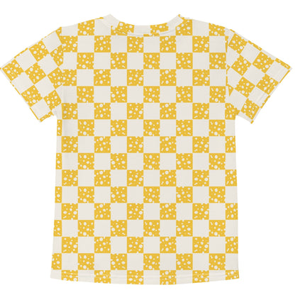 Chunky Deli product image: Kids' and toddler t-shirt with an all-over check mark pattern of yellow cheese illustrations on the front and back. The t-shirt has short sleeves, a crew neck collar, and a unisex cut.