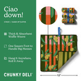 Packaging of Chunky Deli Ciao Down! cleaning cloths with green background and product images.