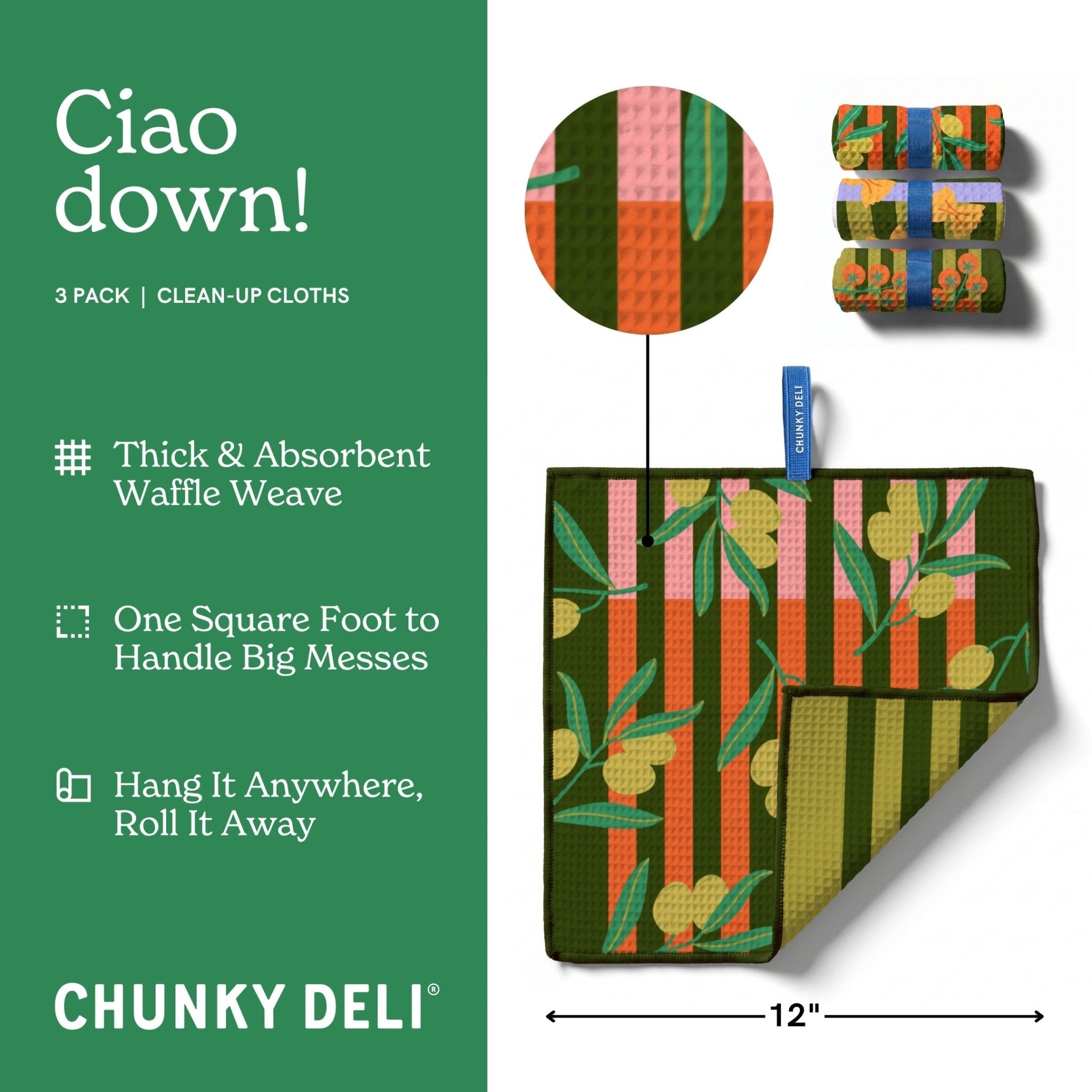 Packaging of Chunky Deli Ciao Down! cleaning cloths with green background and product images.