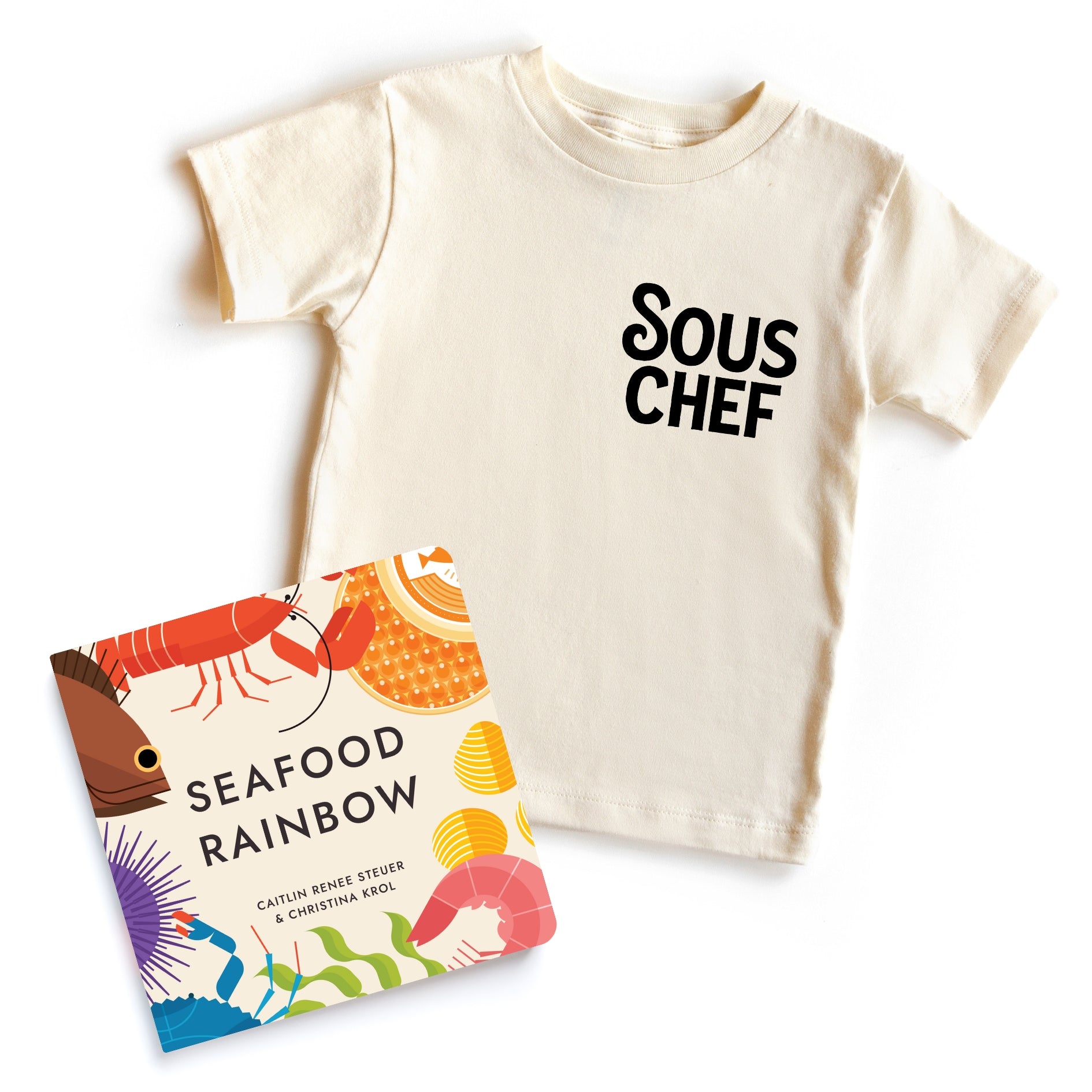 Chunky Deli bundle: 'Sous Chef' toddler tee, 100% cotton, beige, short sleeve with black text. Includes 'Seafood Rainbow' 6x6 board book by Christina Sicoli and Caitlin Renee Steuer, 20 pages, sea creatures and poems.