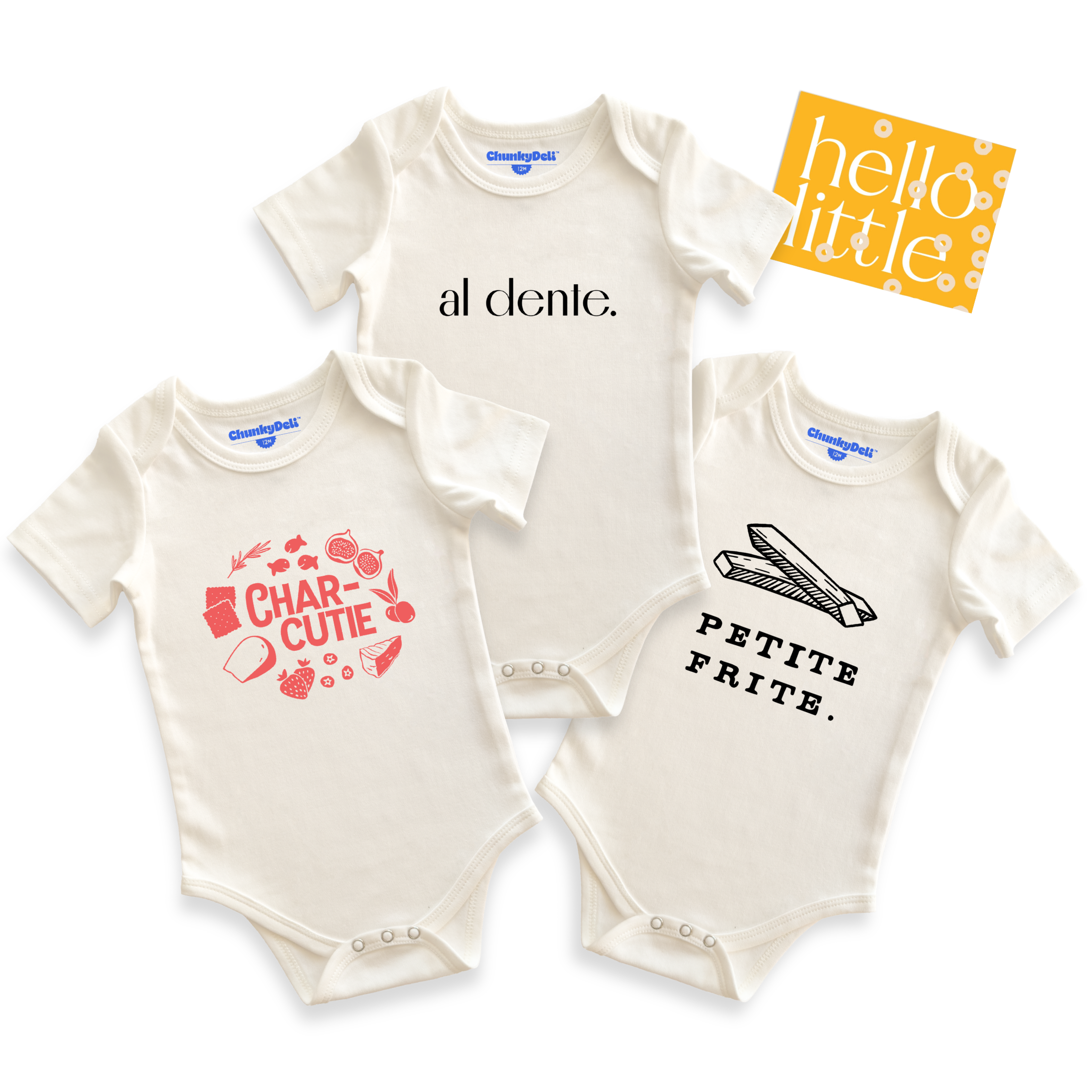 Chunky Deli product image: Three natural-colored baby bodysuit fanned out on a white background, each with a different graphic design: "Charcutie," "Al Dente," and "Petite Frite." All are 100% cotton with three-snap closures and envelope shoulders.