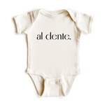  Chunky Deli product image: Natural-colored "Al Dente" bodysuit 100% cotton with envelope shoulders and three-snap closure, laid flat on a white background.