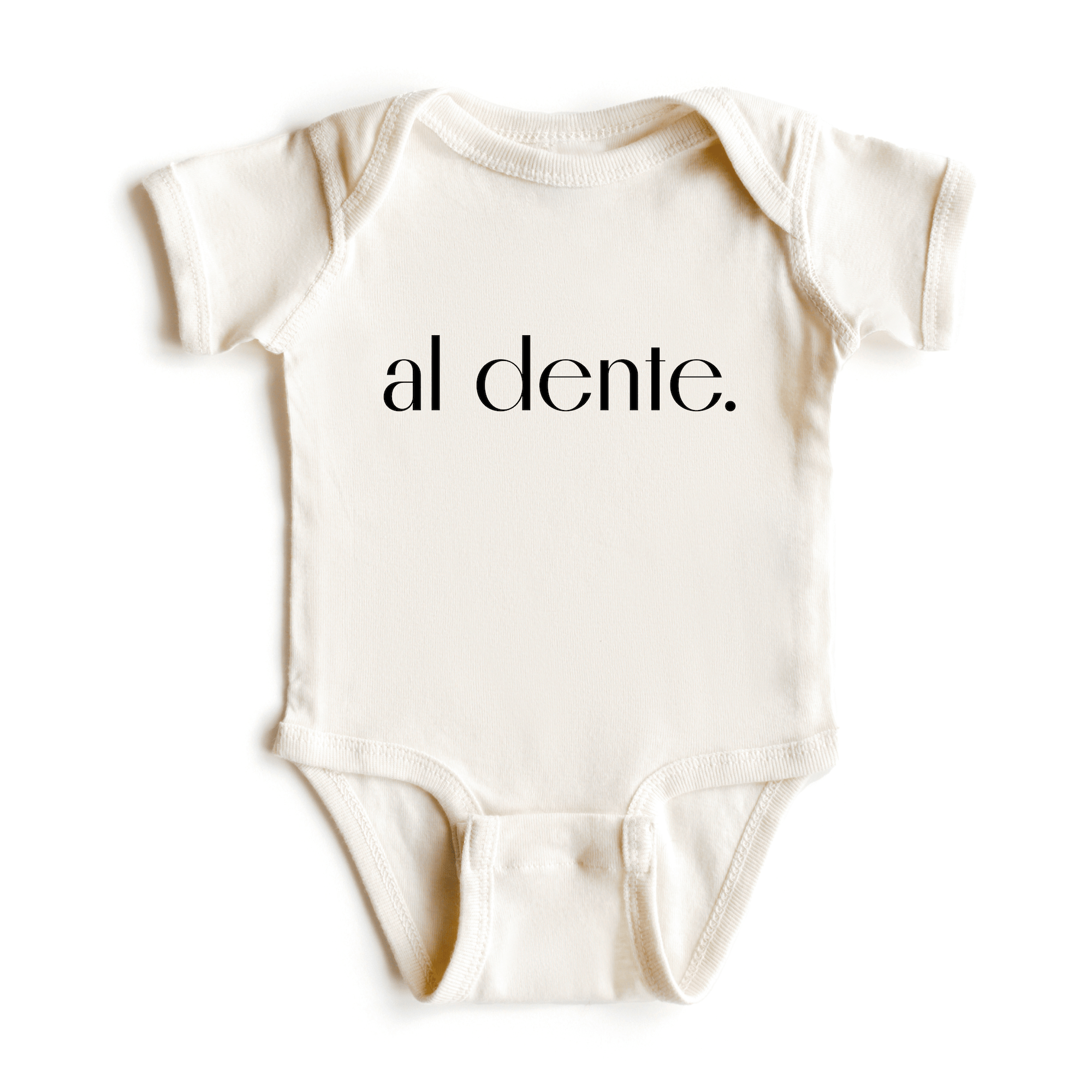  Chunky Deli product image: Natural-colored "Al Dente" bodysuit 100% cotton with envelope shoulders and three-snap closure, laid flat on a white background.