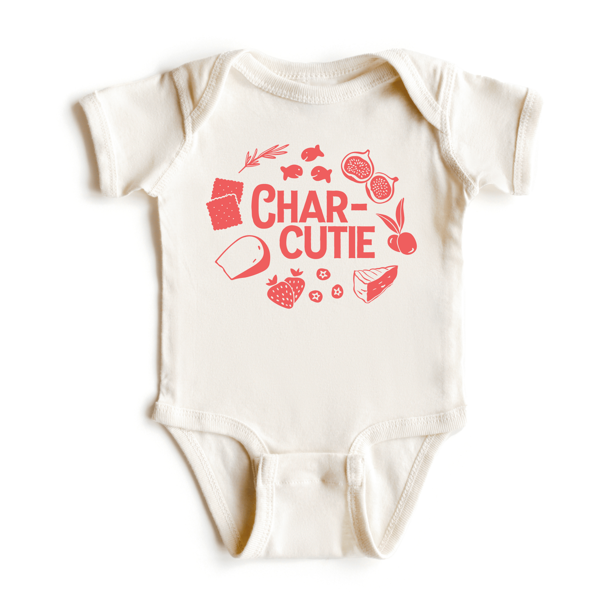 Chunky Deli product image: Natural-colored "Charcutie" bodysuit, 100% cotton with envelope shoulders and three-snap closure, laid flat on a white background.