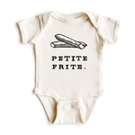  Chunky Deli product image: Natural-colored "Petite Frite" bodysuit, 100% cotton with envelope shoulders and three-snap closure, laid flat on a white background.