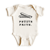 Chunky Deli product image: Natural-colored "Petite Frite" bodysuit, 100% cotton with envelope shoulders and three-snap closure, laid flat on a white background.