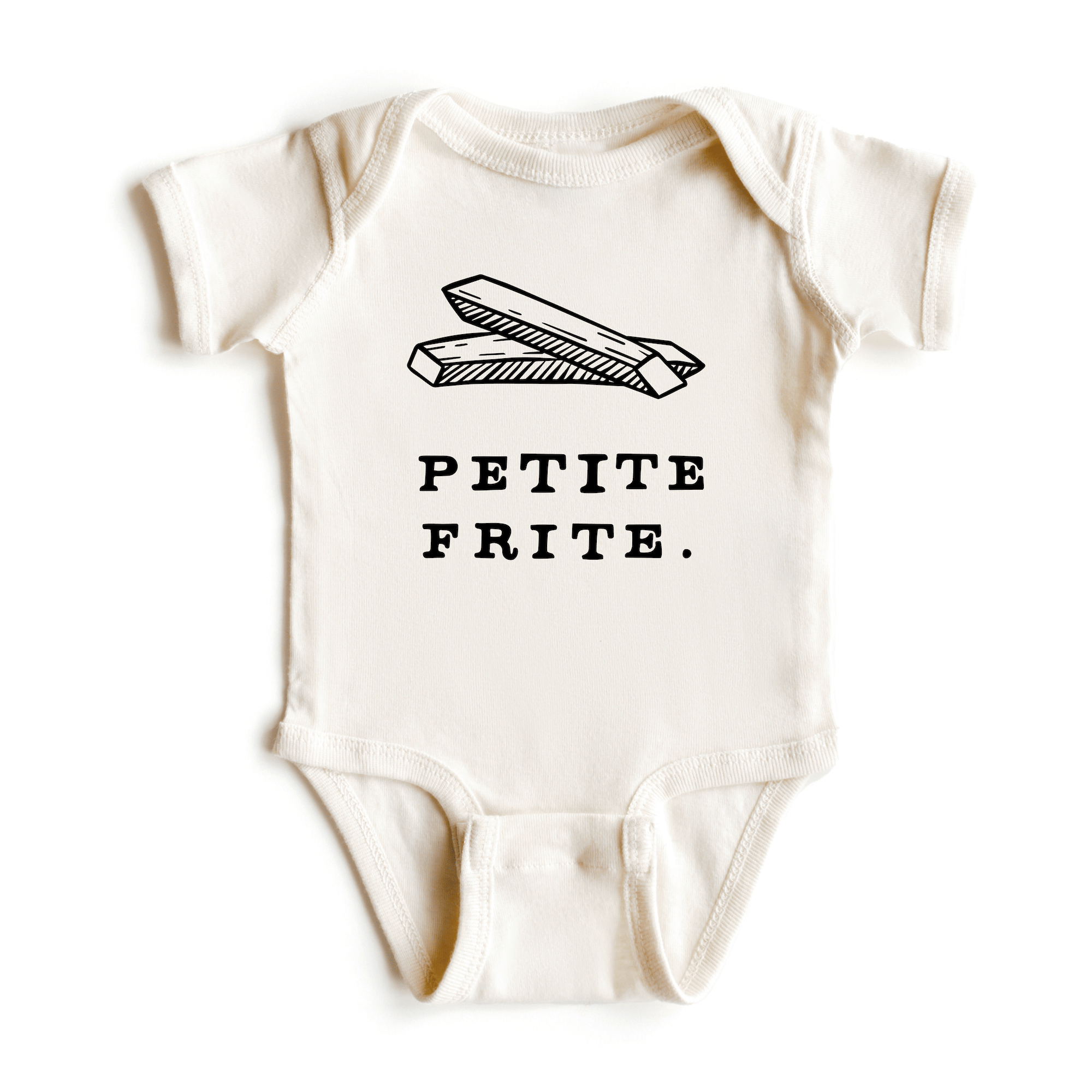  Chunky Deli product image: Natural-colored "Petite Frite" bodysuit, 100% cotton with envelope shoulders and three-snap closure, laid flat on a white background.
