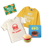 Grill master Toddler Gift bundle | Chunky deli product image containing "Lil' Slider" Kids Tee, Hot Diggity Dog Sweater, A tiny Guide to BBQ, A Toy burger and a hello little gift note with a hot dog theme.