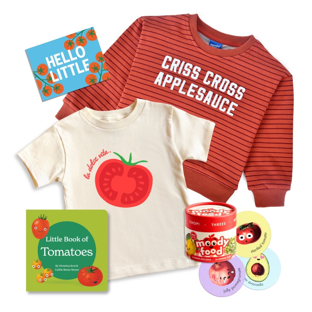 Complete Tomato Toddler gift bundle | Chunky deli product image containing "la dolce vita" Kids Tee, Criss cross applesauce sweater, little book of tomatoes, Moody food and a custom gift note.