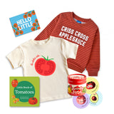 Complete Tomato Toddler gift bundle | Chunky deli product image containing "la dolce vita" Kids Tee, Criss cross applesauce sweater, little book of tomatoes, Moody food and a custom gift note.