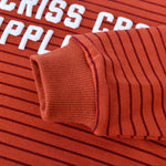 Criss Cross Applesauce Kids Crewneck Sweater close-up, 100% cotton, soft striped design by Chunky Deli.