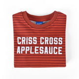 Criss Cross Applesauce Kids Crewneck Sweater by Chunky Deli in soft red with stripes, perfect for kids.