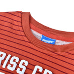 Criss Cross Applesauce Kids Crewneck Sweater in rich red stripes by Chunky Deli, made of 100% cotton, soft and cozy.