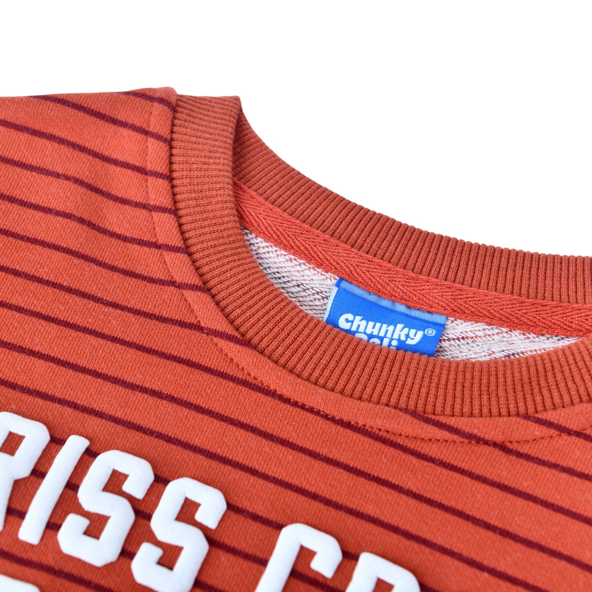 Criss Cross Applesauce Kids Crewneck Sweater in rich red stripes by Chunky Deli, made of 100% cotton, soft and cozy.