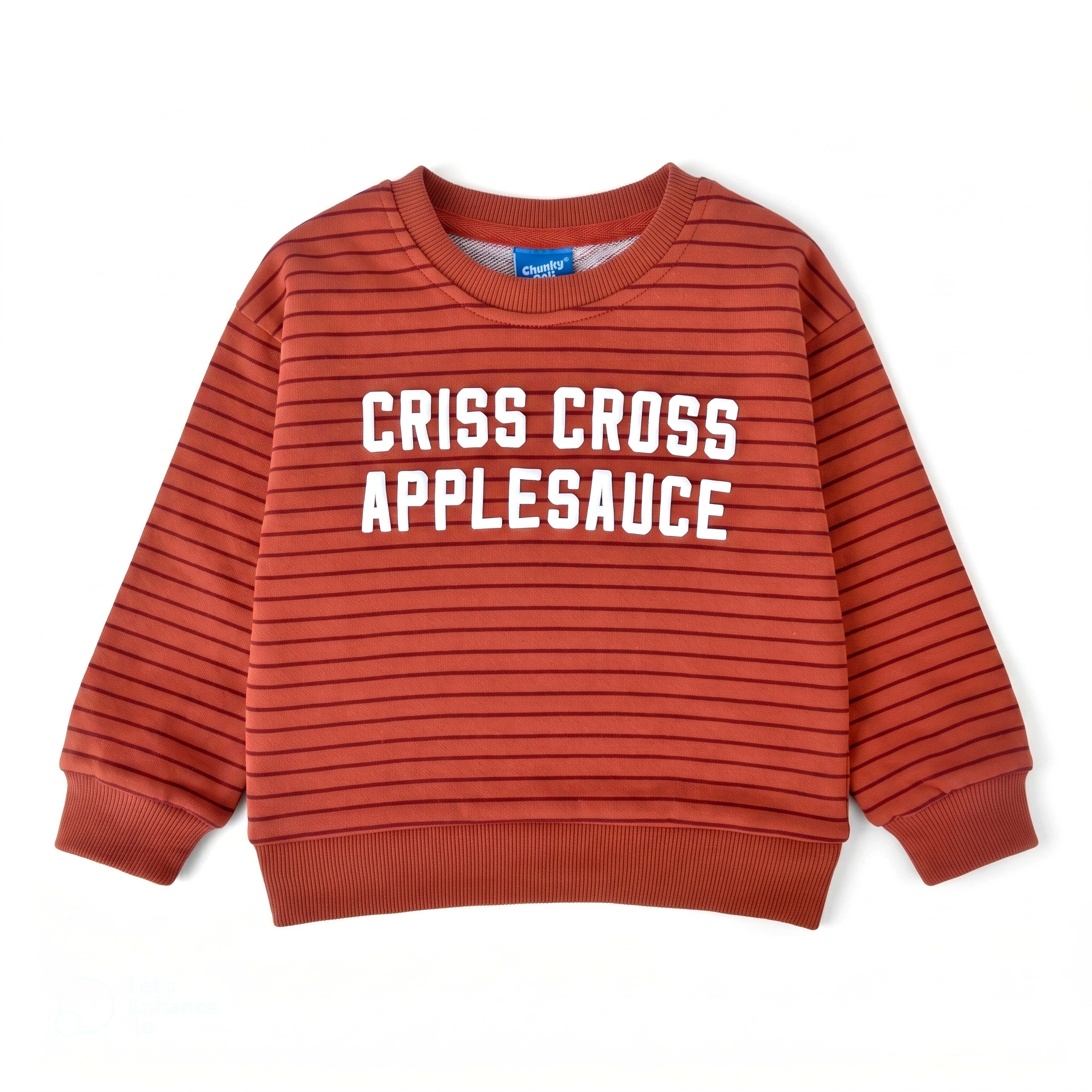 Criss Cross Applesauce Kids Crewneck Sweater in red with stripes, 100% Cotton, soft, by Chunky Deli.