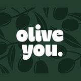 Chunky Deli product image: Green greeting card with the pun "Olive You" (referencing the olive fruit) and dark illustrations of olives, laid flat on a white background.