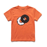 Chunky Deli product image: Toddler tee in 100% cotton, short sleeve, orange color. Features a graphic illustration of everything bagel with cream cheese in 2 colors, black and white, centered on the chest.