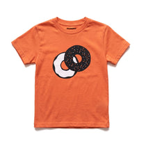 Chunky Deli product image: Toddler tee in 100% cotton, short sleeve, orange color. Features a graphic illustration of everything bagel with cream cheese in 2 colors, black and white, centered on the chest.