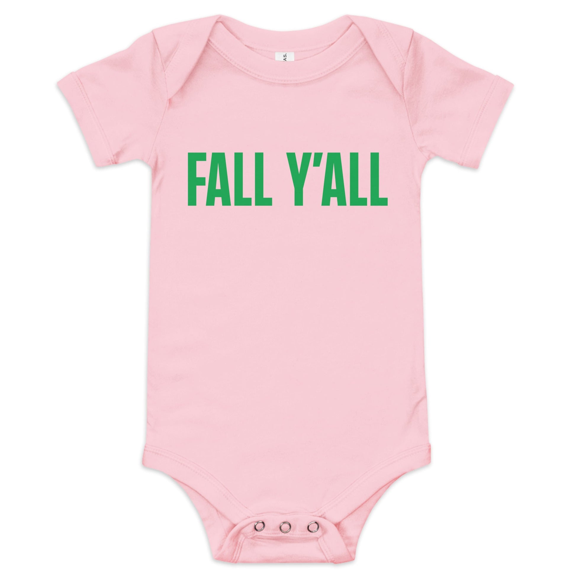 Chunky Deli product image: Pink-colored "Fall Y'all" baby bodysuit (100% cotton) with short sleeves, envelope shoulders, and three-snap closure, laid flat against a white background. The text "Fall Y'all" is printed in green across the chest.