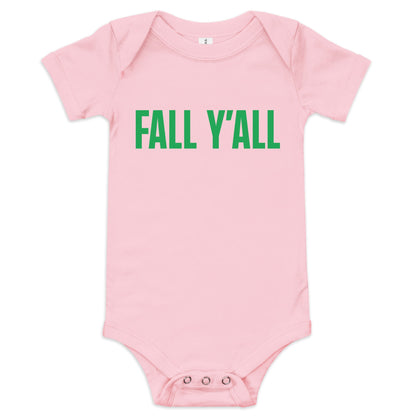 Chunky Deli product image: Pink-colored "Fall Y'all" baby bodysuit (100% cotton) with short sleeves, envelope shoulders, and three-snap closure, laid flat against a white background. The text "Fall Y'all" is printed in green across the chest.
