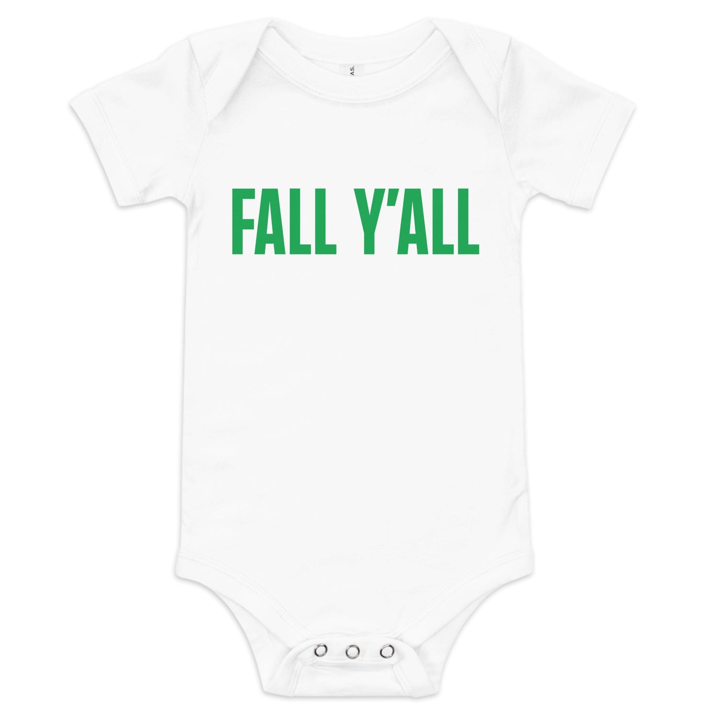 Chunky Deli product image: White-colored "Fall Y'all" baby bodysuit (100% cotton) with short sleeves, envelope shoulders, and three-snap closure, laid flat against a white background. The text "Fall Y'all" is printed in green across the chest.