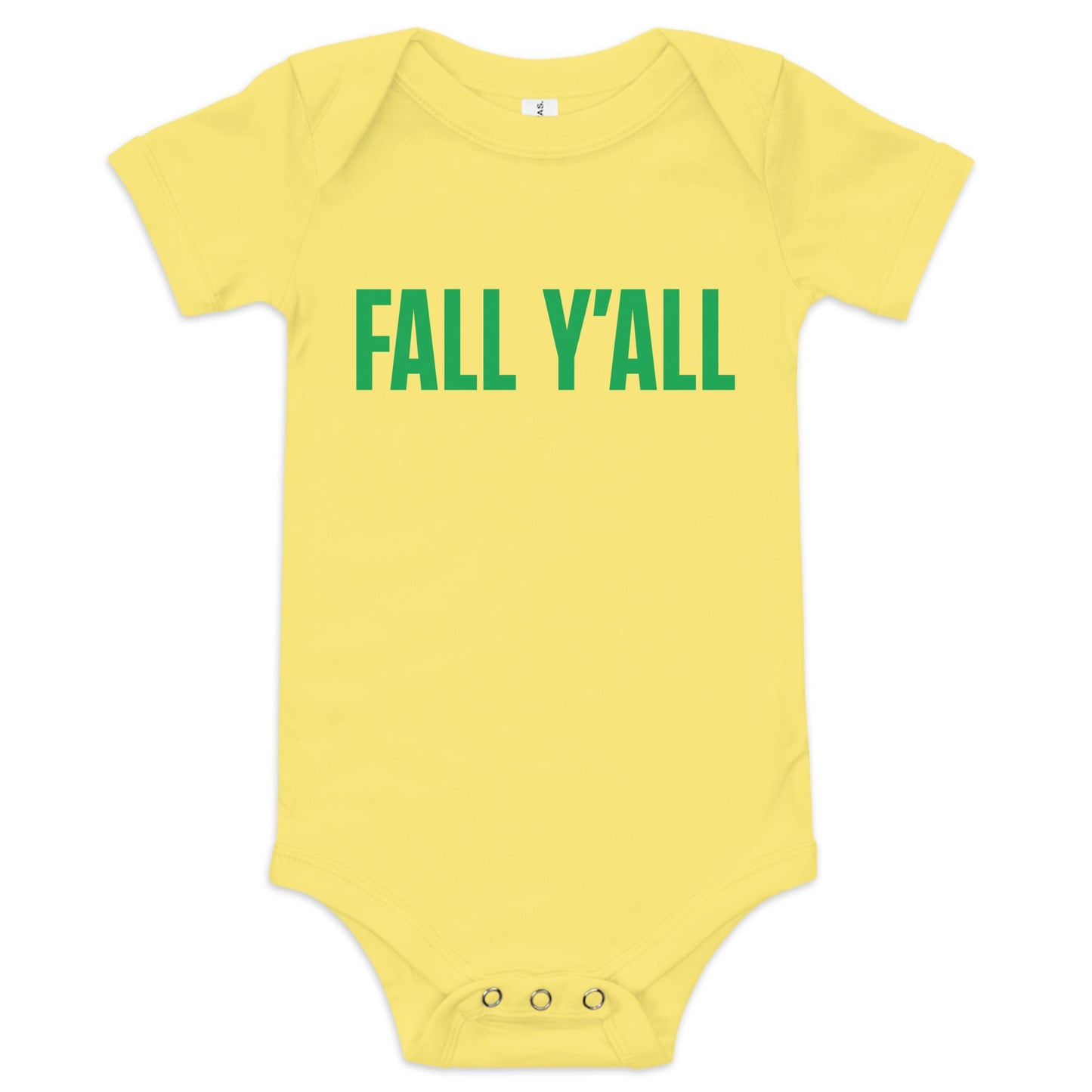 Chunky Deli product image: Yellow-colored "Fall Y'all" baby bodysuit (100% cotton) with short sleeves, envelope shoulders, and three-snap closure, laid flat against a white background. The text "Fall Y'all" is printed in green across the chest.