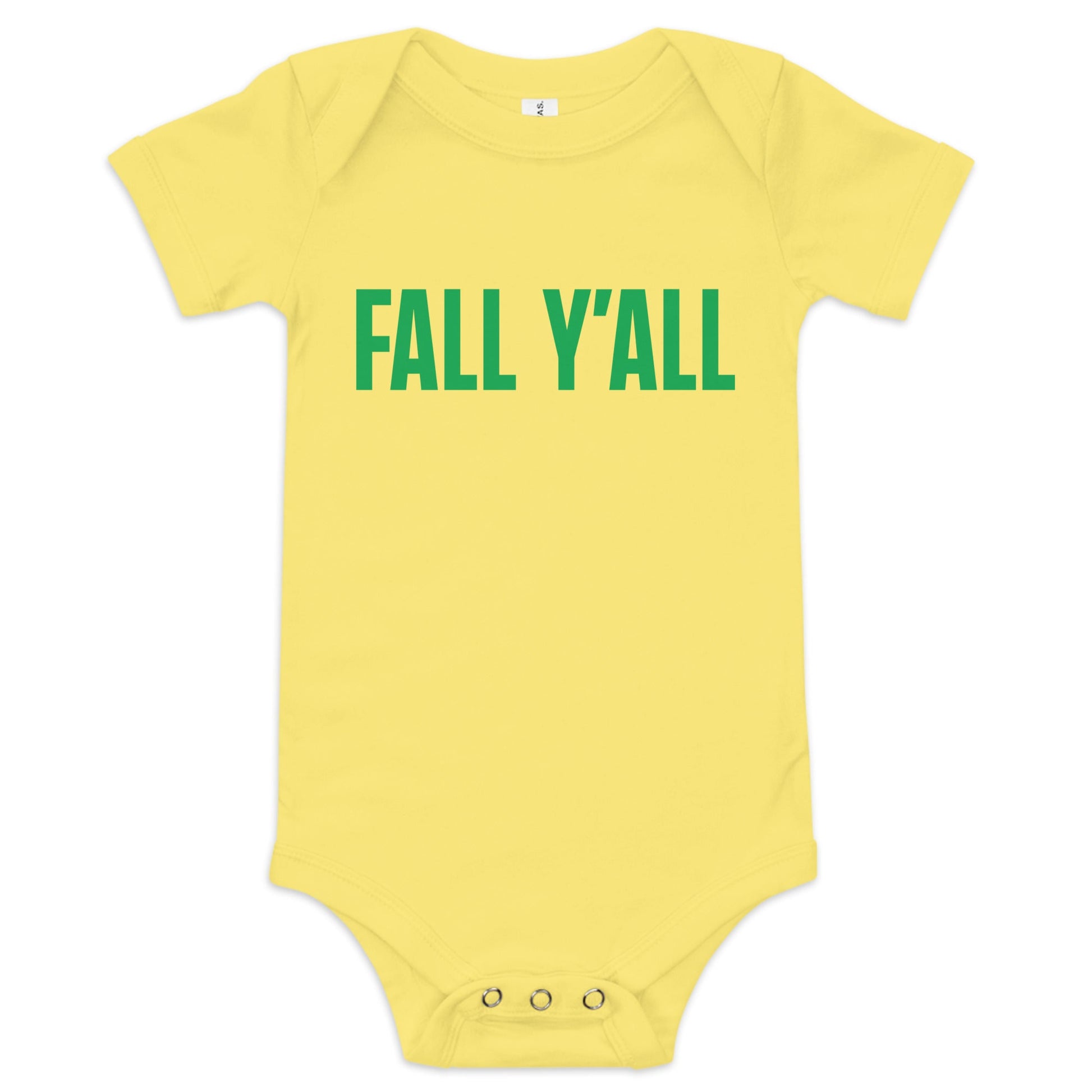 Chunky Deli product image: Yellow-colored "Fall Y'all" baby bodysuit (100% cotton) with short sleeves, envelope shoulders, and three-snap closure, laid flat against a white background. The text "Fall Y'all" is printed in green across the chest.