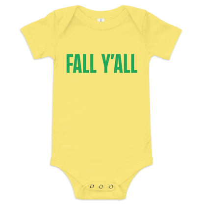 Chunky Deli product image: Yellow-colored "Fall Y'all" baby bodysuit (100% cotton) with short sleeves, envelope shoulders, and three-snap closure, laid flat against a white background. The text "Fall Y'all" is printed in green across the chest.