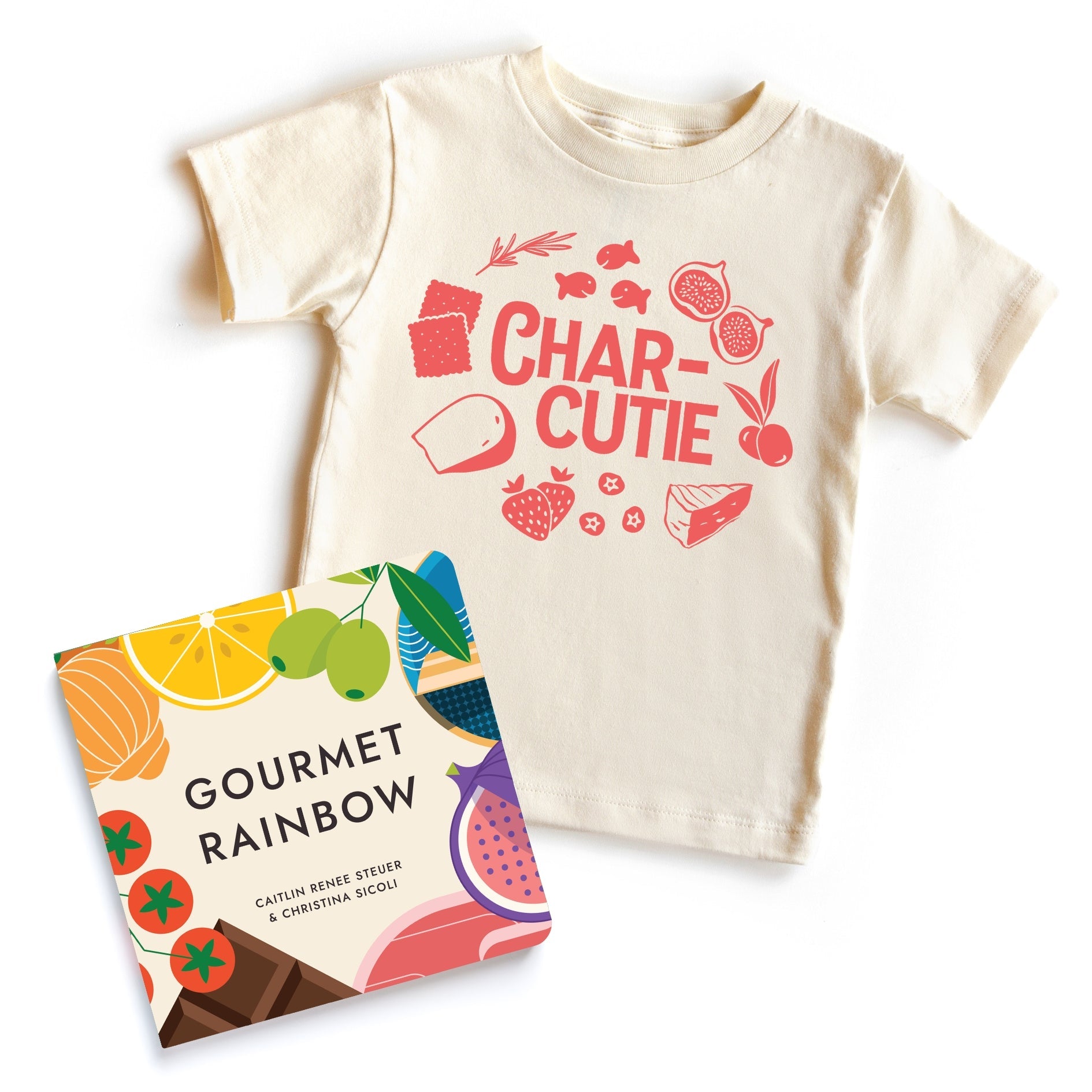 Chunky Deli bundle: 'Char-Cutie' toddler tee, 100% cotton, pink, short sleeve with orangey-pink graphic featuring crackers, cheese, berries, and more. Includes 'Gourmet Rainbow' by Christina Sicoli and Caitlin Renee Steuer, 6x6 board book, 20 pages.