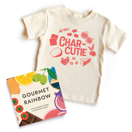Chunky Deli bundle: 'Char-Cutie' toddler tee, 100% cotton, pink, short sleeve with orangey-pink graphic featuring crackers, cheese, berries, and more. Includes 'Gourmet Rainbow' by Christina Sicoli and Caitlin Renee Steuer, 6x6 board book, 20 pages.
