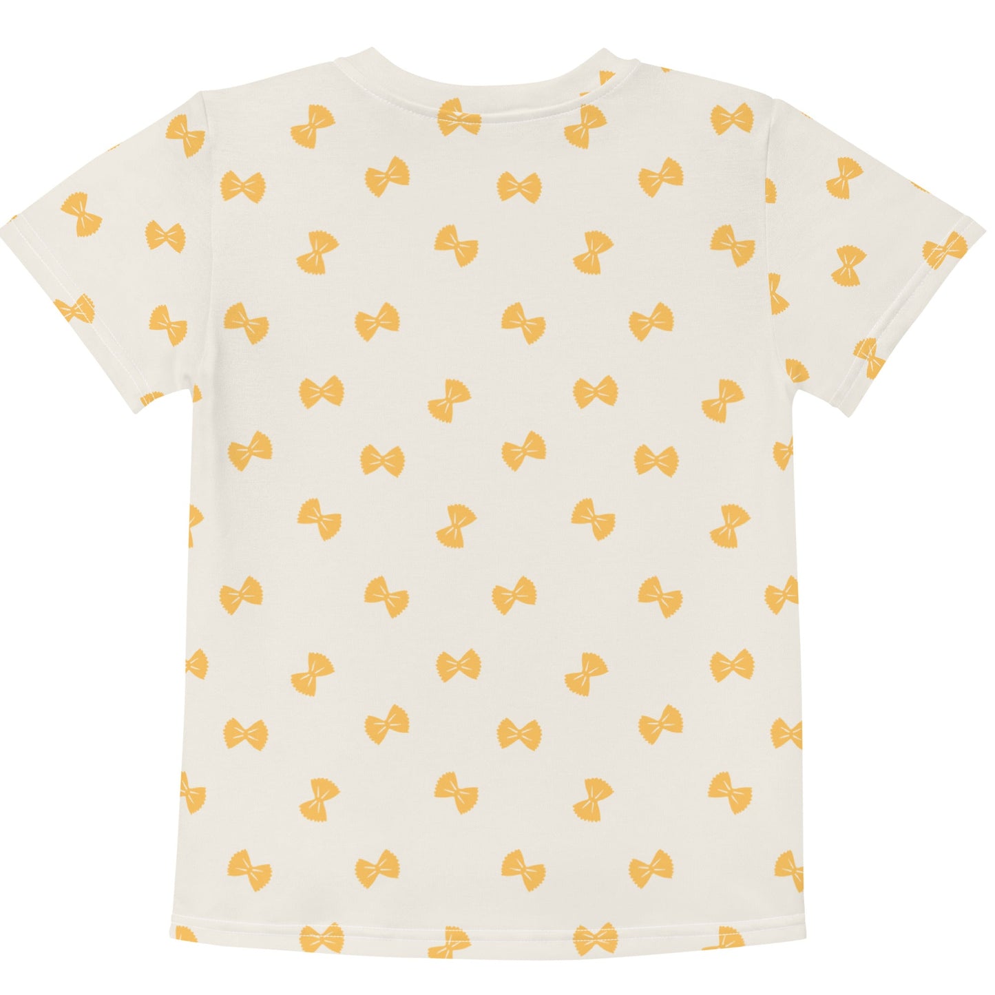Chunky Deli product image: Kids' and toddler t-shirt with an all-over print of farfalle pasta illustrations scattered on the front and back. The t-shirt has short sleeves, a crew neck collar, and a unisex cut.
