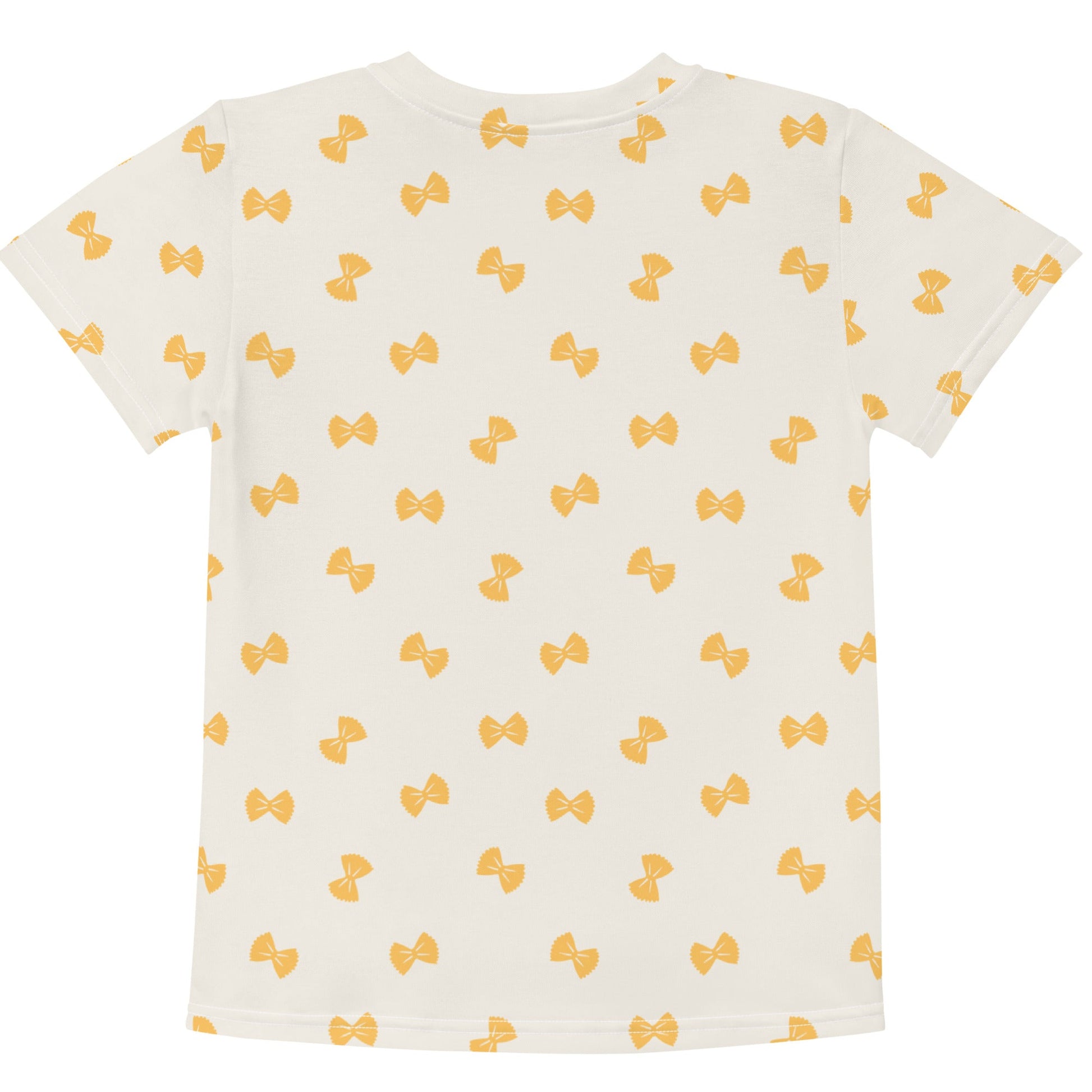 Chunky Deli product image: Kids' and toddler t-shirt with an all-over print of farfalle pasta illustrations scattered on the front and back. The t-shirt has short sleeves, a crew neck collar, and a unisex cut.
