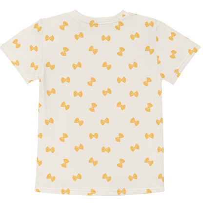 Chunky Deli product image: Kids' and toddler t-shirt with an all-over print of farfalle pasta illustrations scattered on the front and back. The t-shirt has short sleeves, a crew neck collar, and a unisex cut.