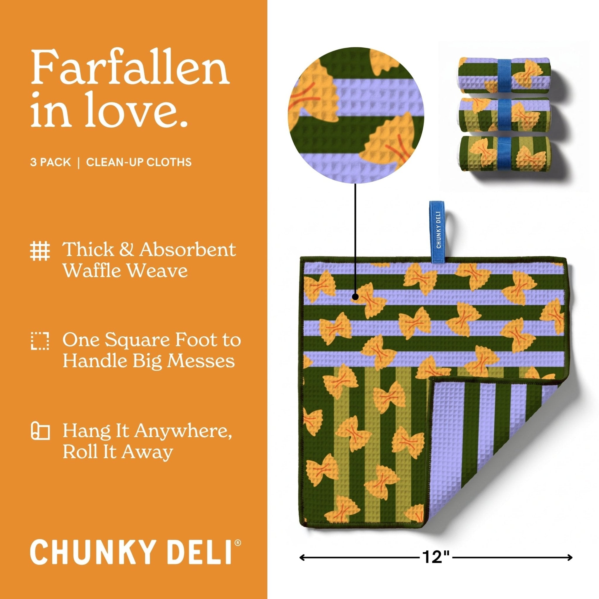 Chunky Deli Farfallen in Love cleaning cloths with packaging and features on a orange background