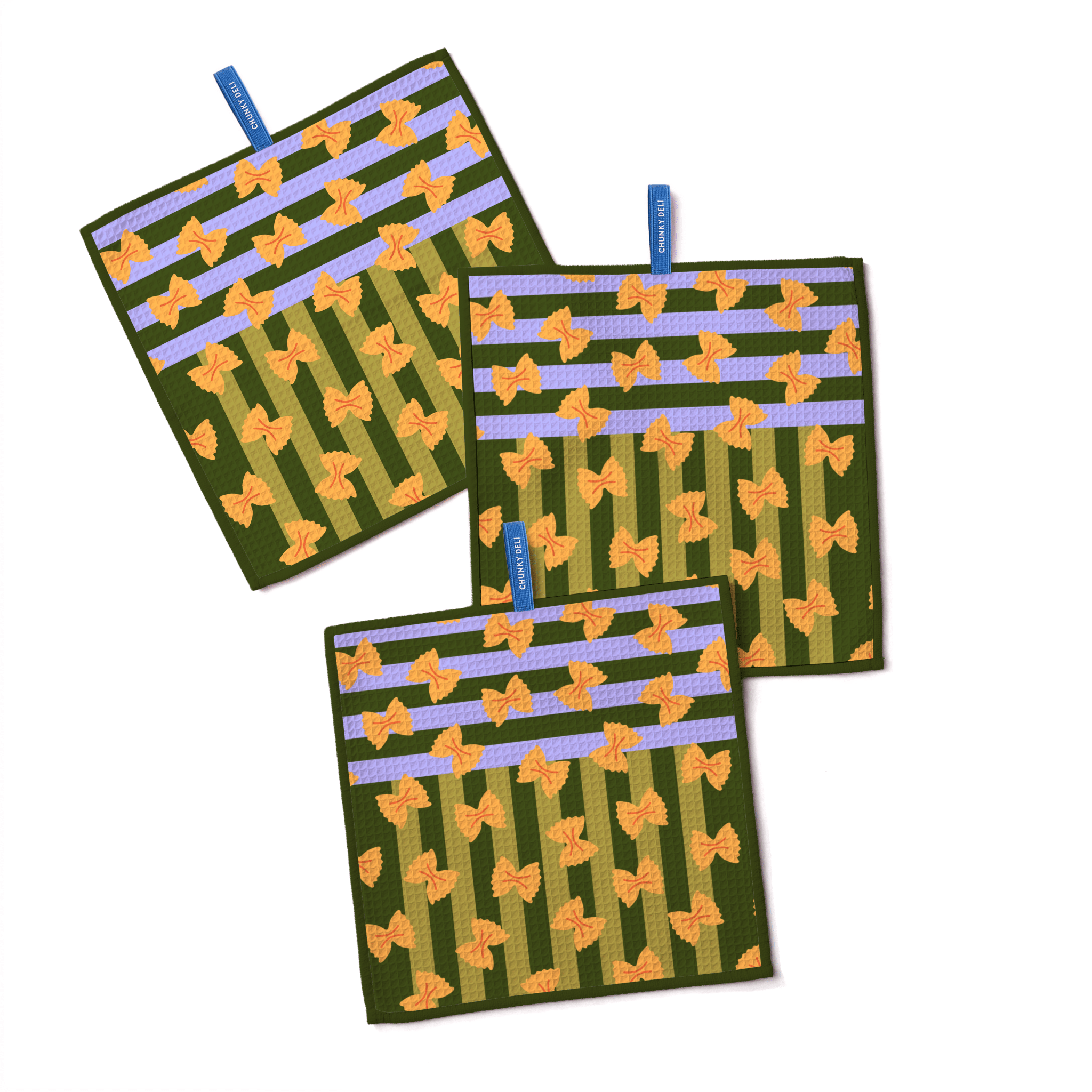 Chunky Deli product image featuring three dishtowels with farfalle on a white background.