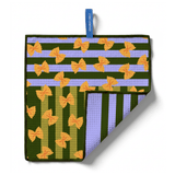 Chunky Deli product image of a dish cloth with yellow bowtie pasta pattern on a green and purple striped background