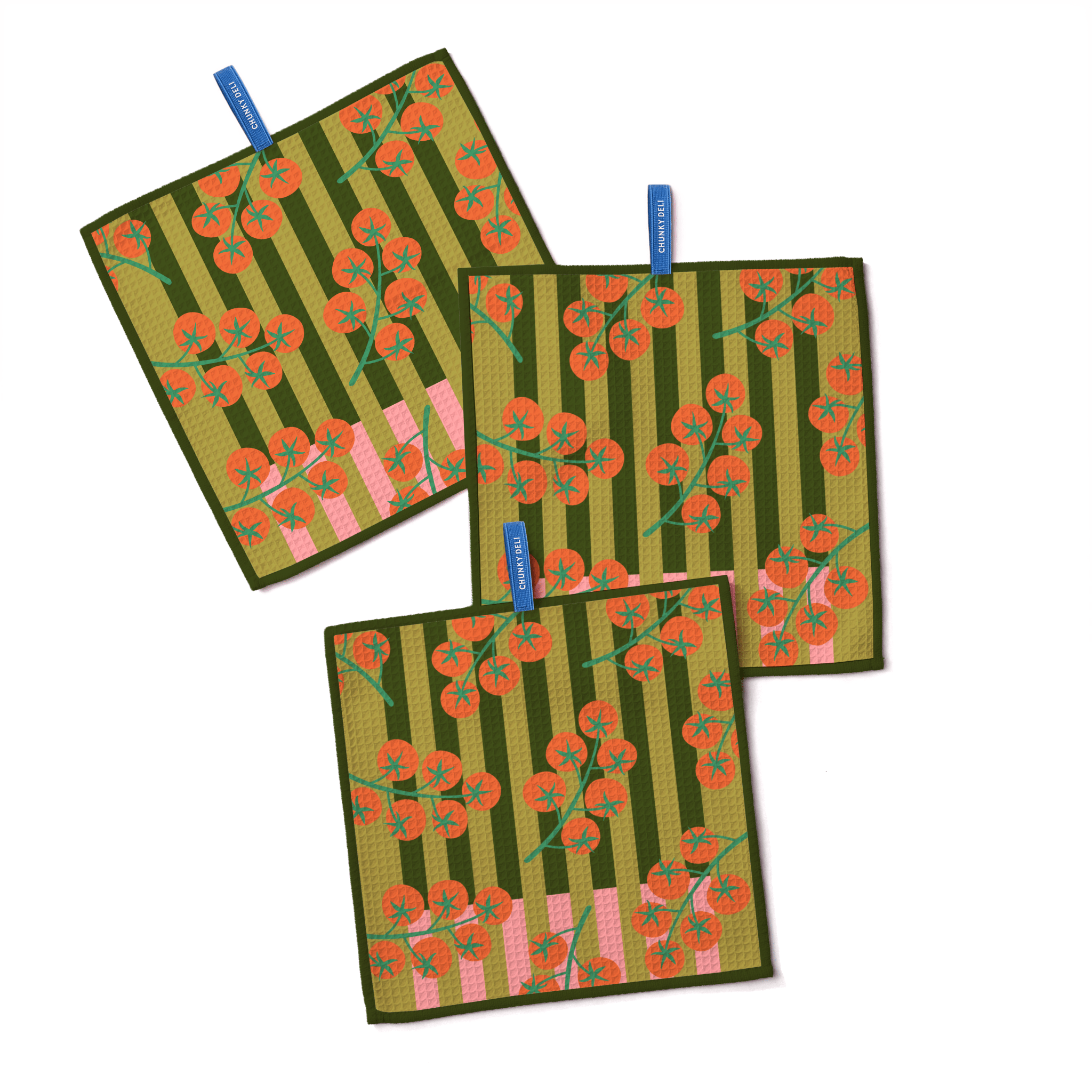 Chunky Deli product image of dishtowels with tomatoes on a white background.