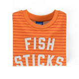 Fish Sticks Kids Crewneck Sweater in vibrant orange stripes, 100% Cotton, soft and cozy for kids, by Chunky Deli.
