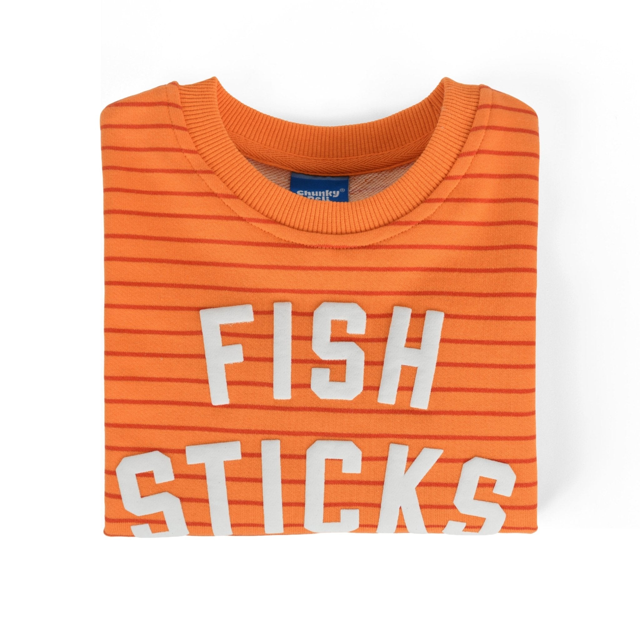 Fish Sticks Kids Crewneck Sweater in vibrant orange stripes, 100% Cotton, soft and cozy for kids, by Chunky Deli.