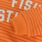 Fish Sticks Kids Crewneck Sweater with vibrant orange stripes and soft cotton fabric.