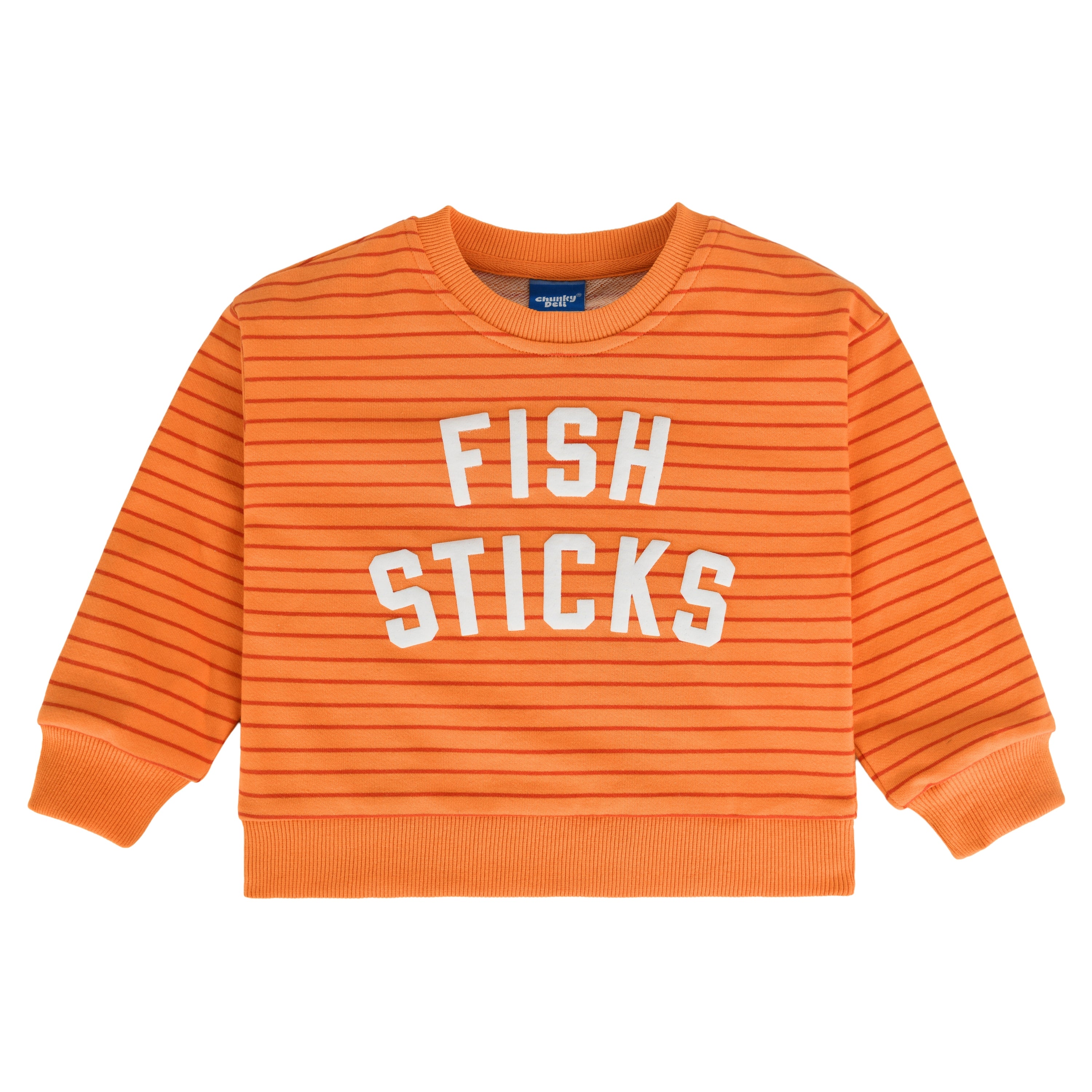 Fish Sticks Kids Crewneck Sweater in vibrant orange stripes, 100% cotton, soft and perfect for kids.