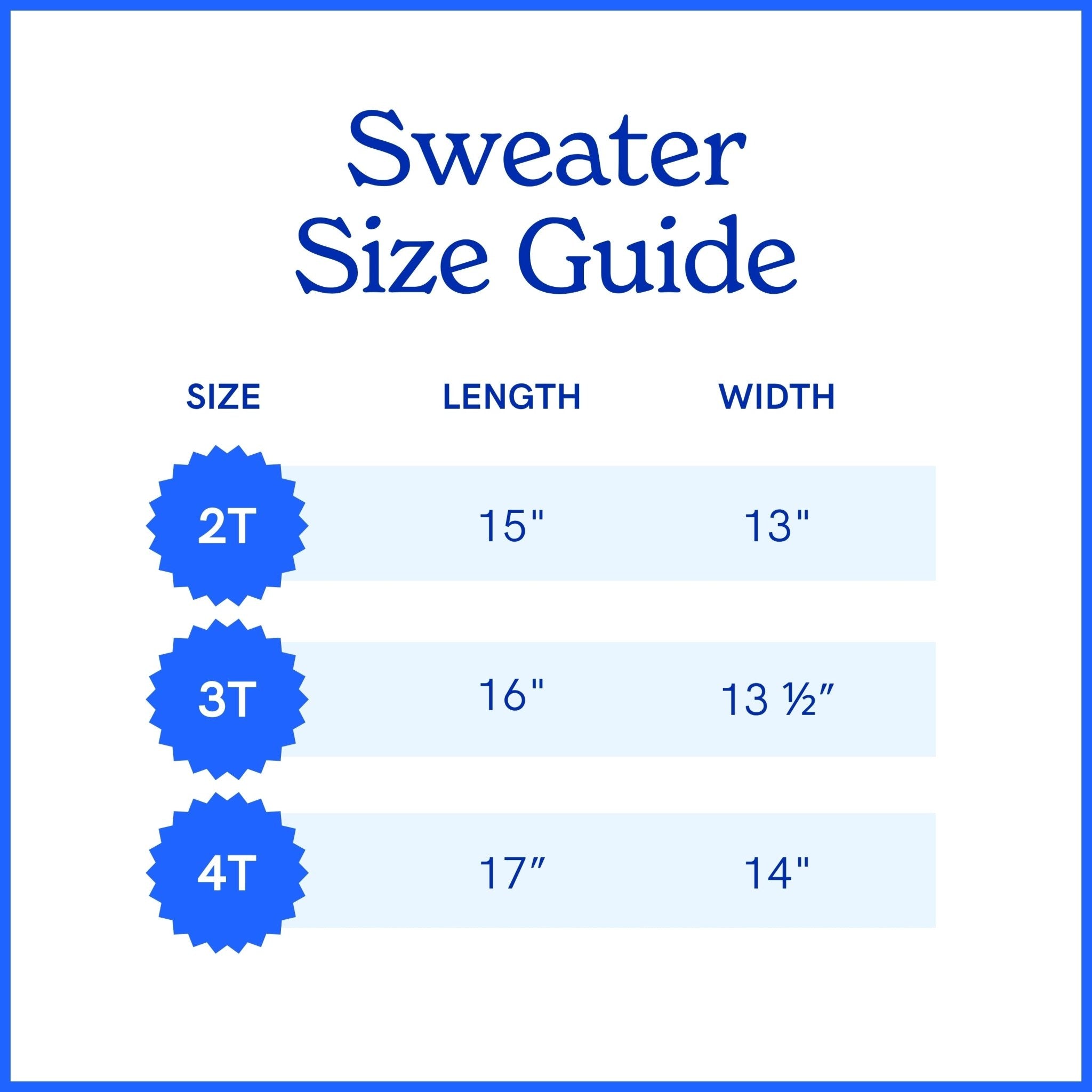 Apparel Size Guide for Fish Sticks Kids Crewneck Sweater including sizes 2T, 3T, and 4T.