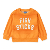 Fish Sticks kids crewneck sweater in vibrant orange stripes, 100% cotton for kids.