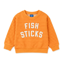 Fish Sticks kids crewneck sweater in vibrant orange stripes, 100% cotton for kids.