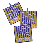 Three Chunky Deli kitchen towels with Anchovy fish pattern and stripes on a white background