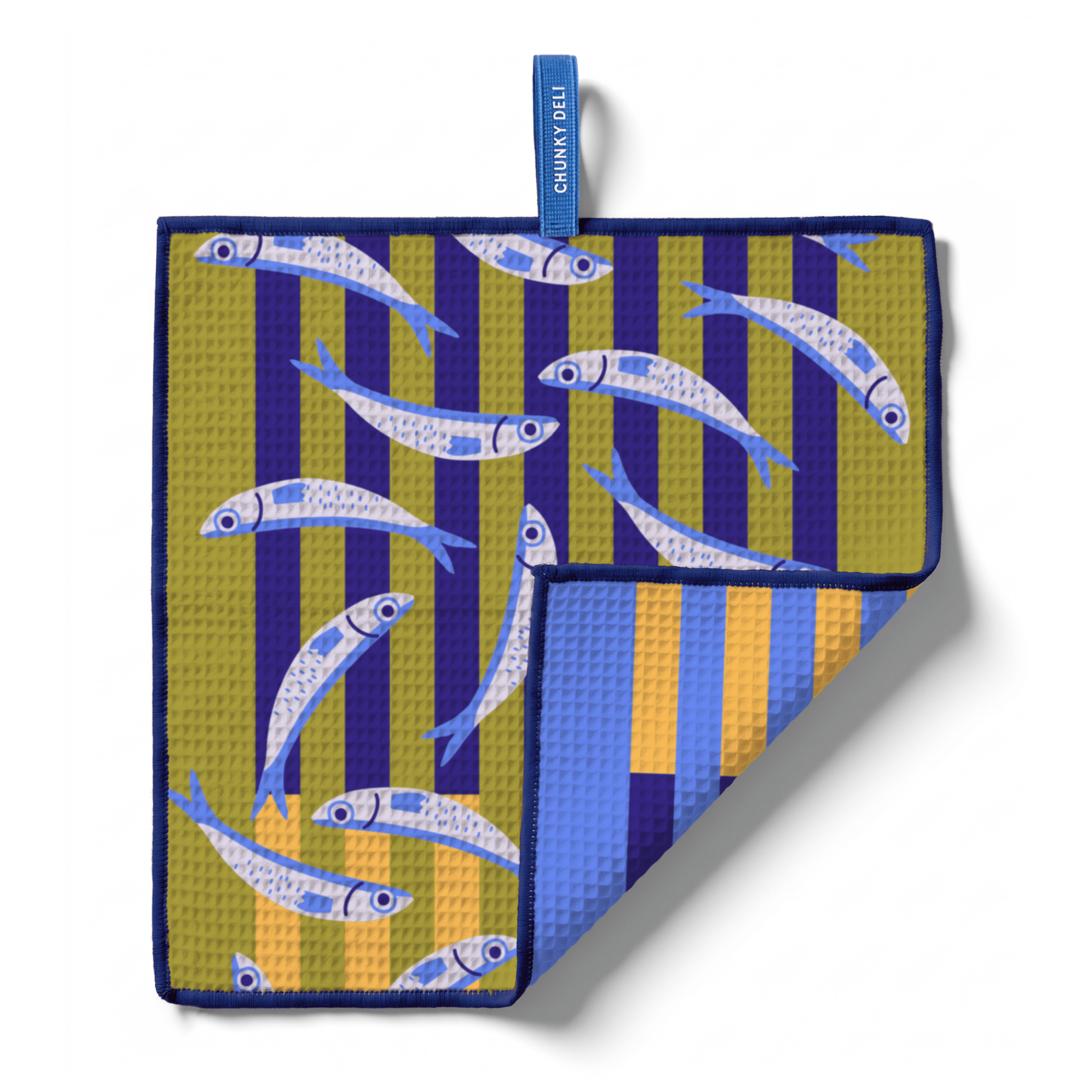 Chunky Deli product image of a kitchen towels with fish pattern on a striped background