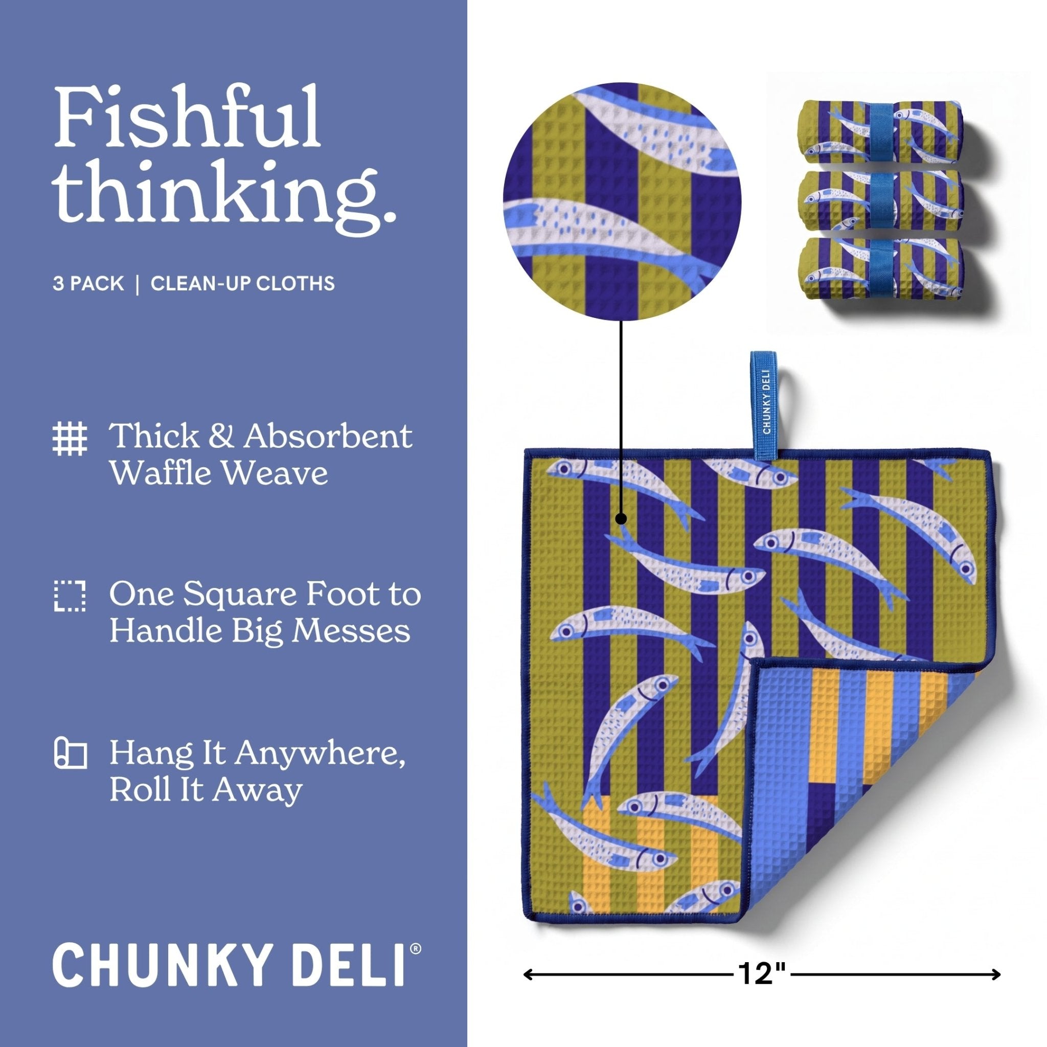 Chunky Deli Fishful thinking cleaning cloths with packaging and features on a blue background