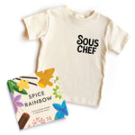 Chunky Deli bundle: 'Sous Chef' toddler tee, 100% cotton, beige, short sleeve with black text. Includes 'Spice Rainbow' by Christina Sicoli and Caitlin Renee Steuer, 6x6 board book, 20 pages, colorful spice illustrations.