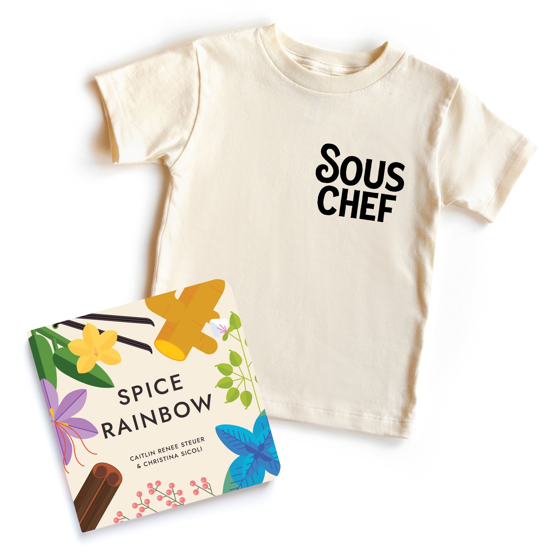 Chunky Deli bundle: 'Sous Chef' toddler tee, 100% cotton, beige, short sleeve with black text. Includes 'Spice Rainbow' by Christina Sicoli and Caitlin Renee Steuer, 6x6 board book, 20 pages, colorful spice illustrations.