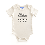 Product display image of the "Petite Frite" baby bodysuit in natural cotton, laid flat on a white background. Chunky Deli product image.